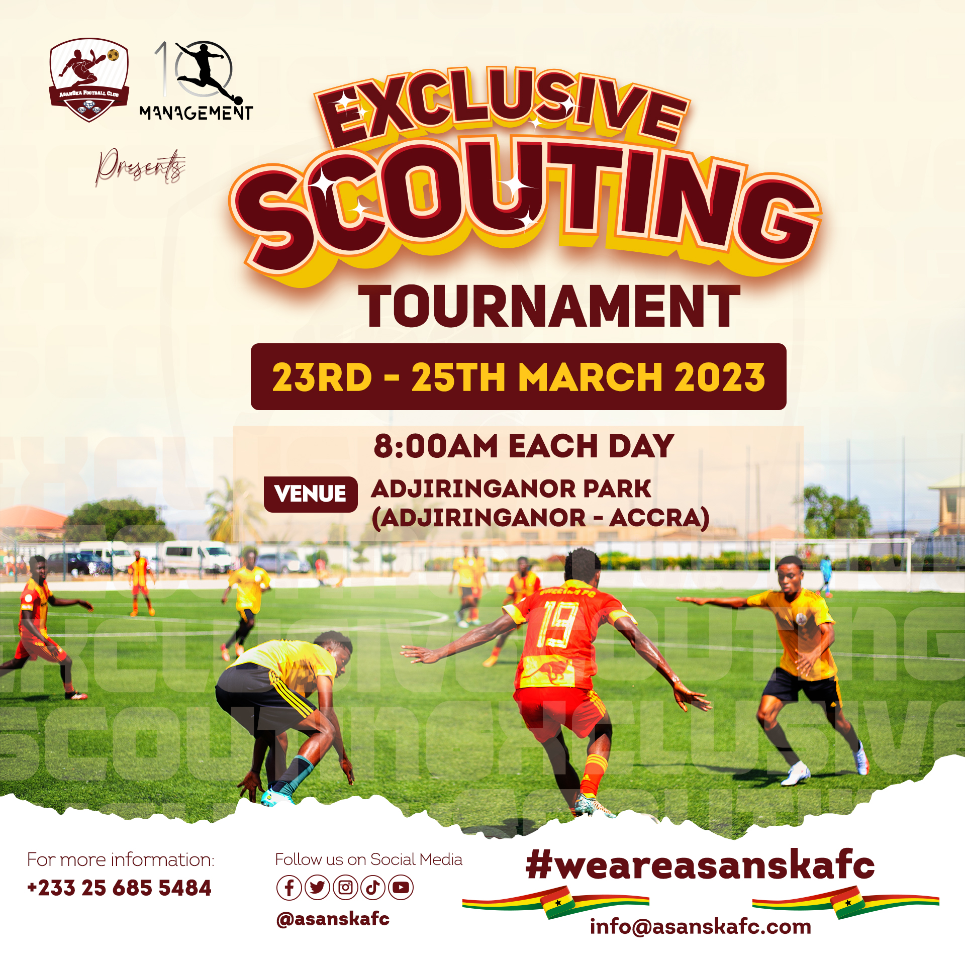 Upcoming scouting tournament hosted by AsanSka Football Club in collaboration with 10 Management. Event is scheduled from 23rd to 25th March 2023.